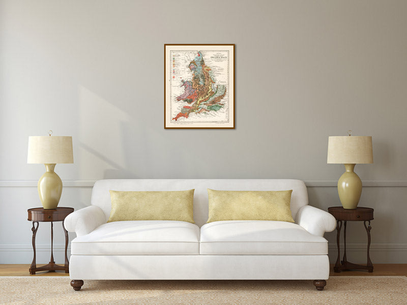 Geological map of England & Wales - an engraved hand-coloured map by H. W. Bristow, Lett's Popular Atlas, 1883 art print poster canvas gift