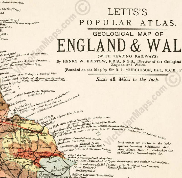 Geological map of England & Wales - an engraved hand-coloured map by H. W. Bristow, Lett's Popular Atlas, 1883 art print poster canvas gift