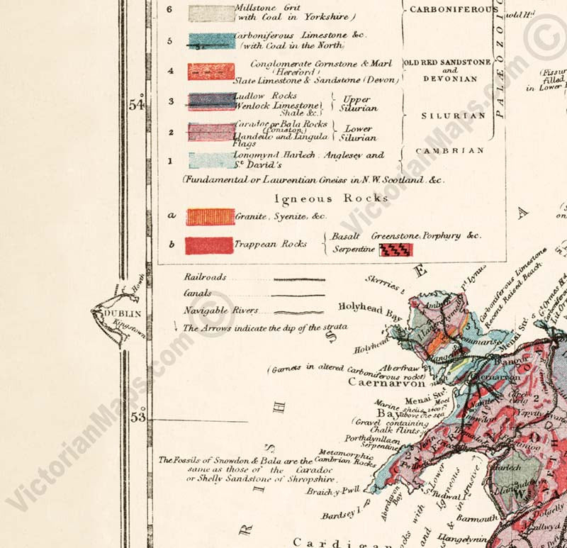 Geological map of England & Wales - an engraved hand-coloured map by H. W. Bristow, Lett's Popular Atlas, 1883 art print poster canvas gift