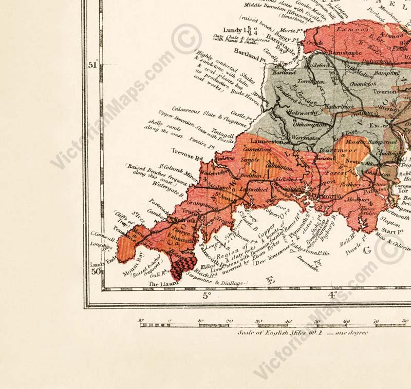 Geological map of England & Wales - an engraved hand-coloured map by H. W. Bristow, Lett's Popular Atlas, 1883 art print poster canvas gift