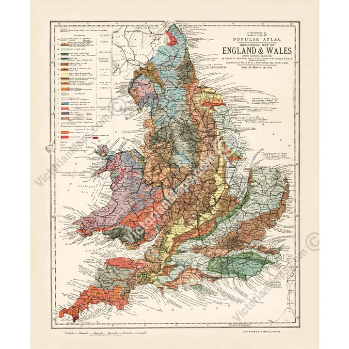 Geological map of England & Wales - an engraved hand-coloured map by H. W. Bristow, Lett's Popular Atlas, 1883 art print poster canvas gift