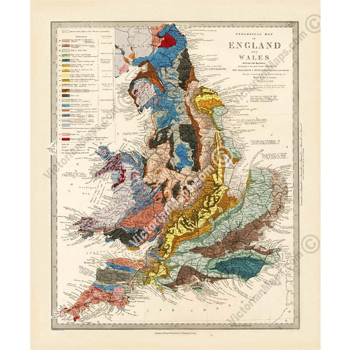 Geological map of England & Wales - a Victorian map by R. Murchison, 1842 art print poster canvas gift
