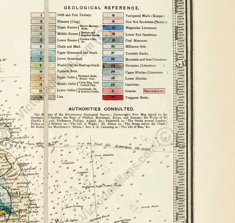 Geological map of England, Wales and the Southern part of Scotland - a map by E. Ravenstein, 1865 art print poster canvas gift