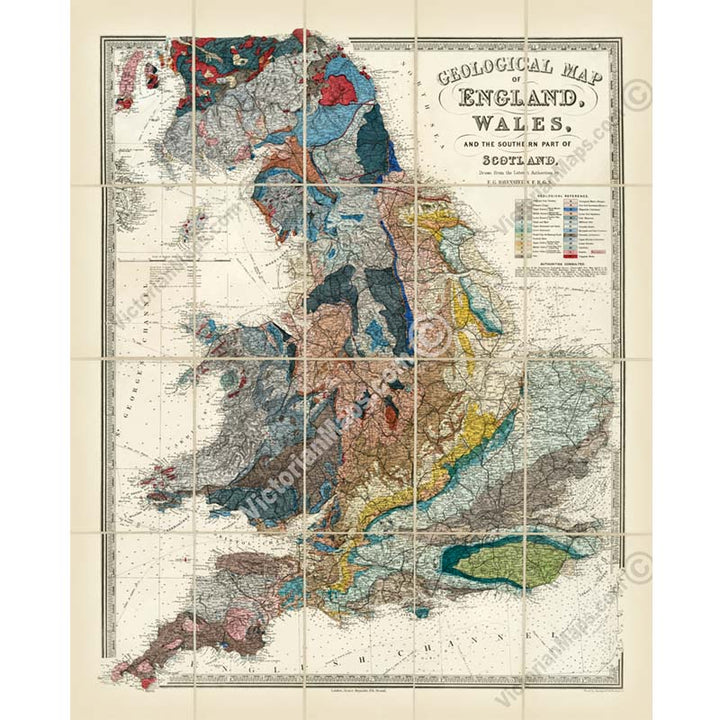 Geological map of England, Wales and the Southern part of Scotland - a map by E. Ravenstein, 1865 art print poster canvas gift