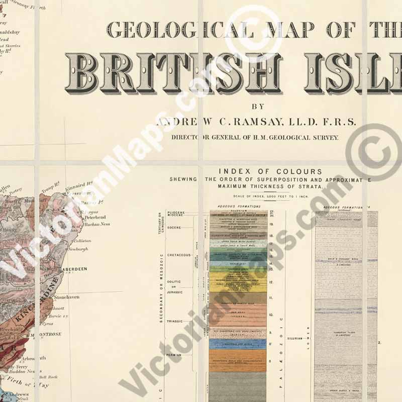 Geological map of The British Isles - an engraved hand-coloured folding map by A. C. Ramsay, E. Stanford, 1878 art print poster canvas gift