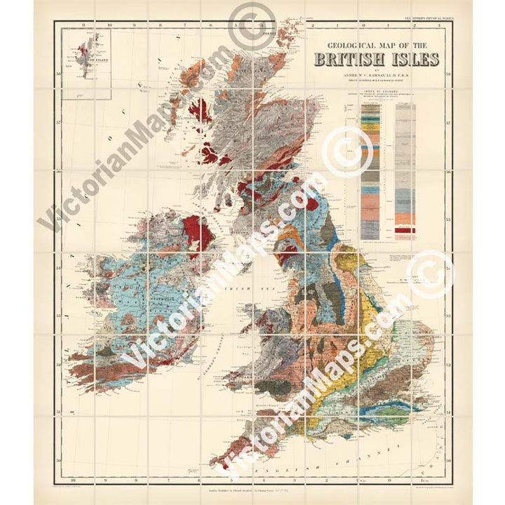 Geological map of The British Isles - an engraved hand-coloured folding map by A. C. Ramsay, E. Stanford, 1878 art print poster canvas gift