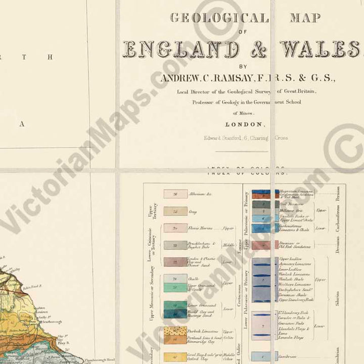 Geological map of England & Wales by Andrew C. Ramsay, published by E. Stanford in 1859 art print poster canvas gift