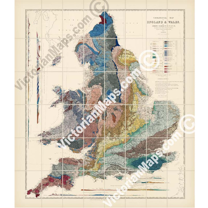 Geological map of England & Wales by Andrew C. Ramsay, published by E. Stanford in 1859 art print poster canvas gift
