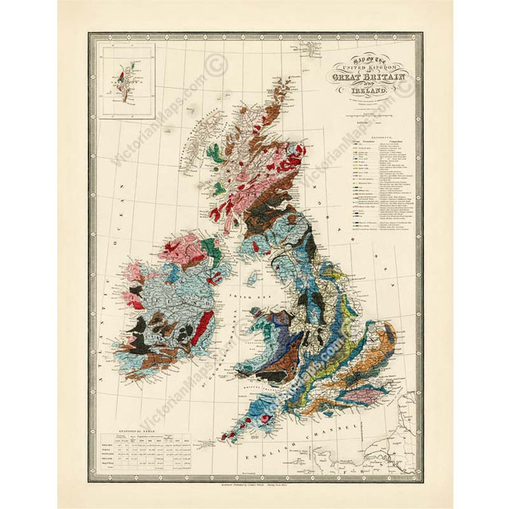 Geological map of United Kingdom of Great Britain & Ireland - a map of the British Isles by J. Wyld, 1844 art print poster canvas gift
