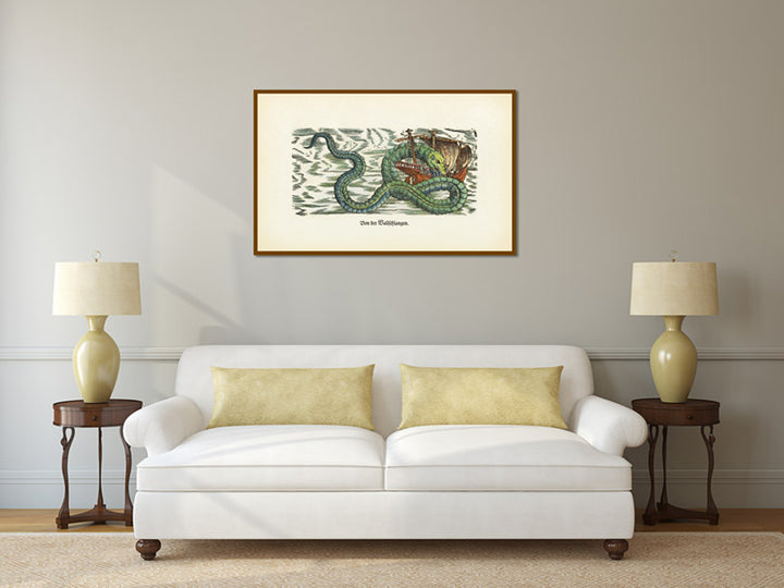 Giant Sea Serpent – hand-coloured woodcut print (part of a page) by Conrad Gessner, 1598 art poster canvas gift