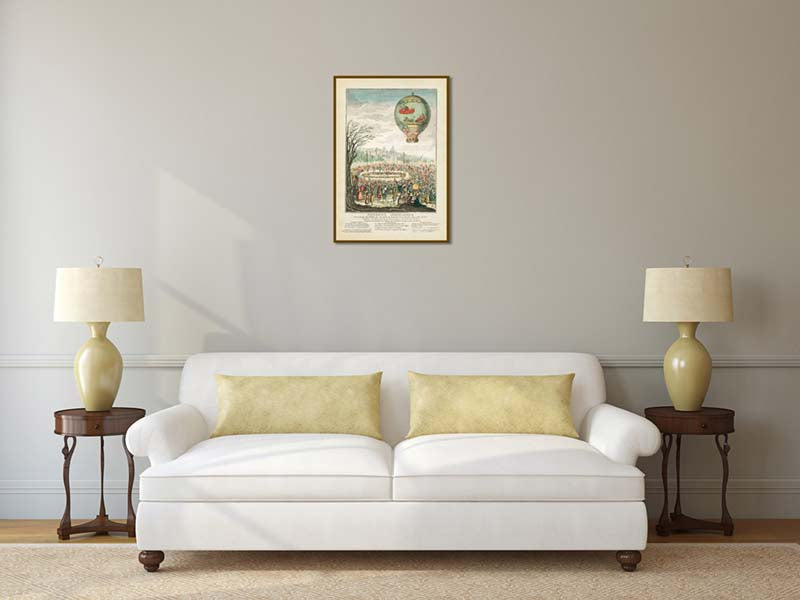 Montgolfier brothers hot air balloon ascent flight over Lyon in 1784 - a French engraving, 18th century art print poster canvas gift