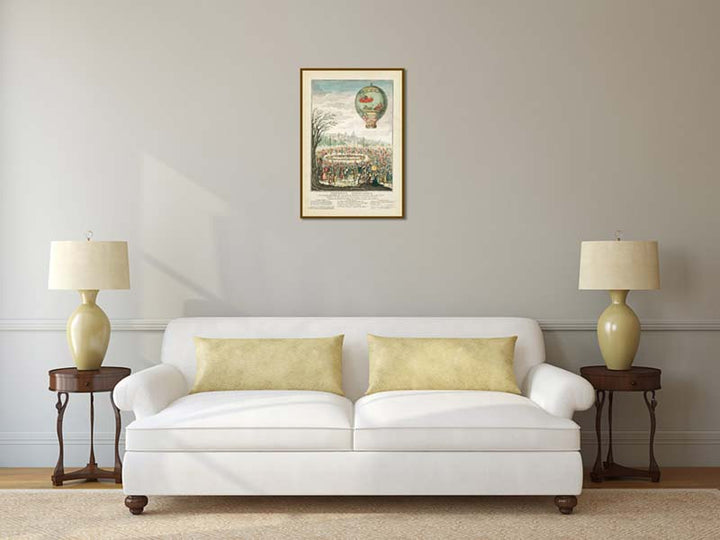Montgolfier brothers hot air balloon ascent flight over Lyon in 1784 - a French engraving, 18th century art print poster canvas gift