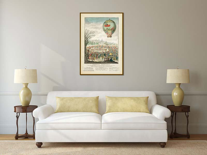 Montgolfier brothers hot air balloon ascent flight over Lyon in 1784 - a French engraving, 18th century art print poster canvas gift