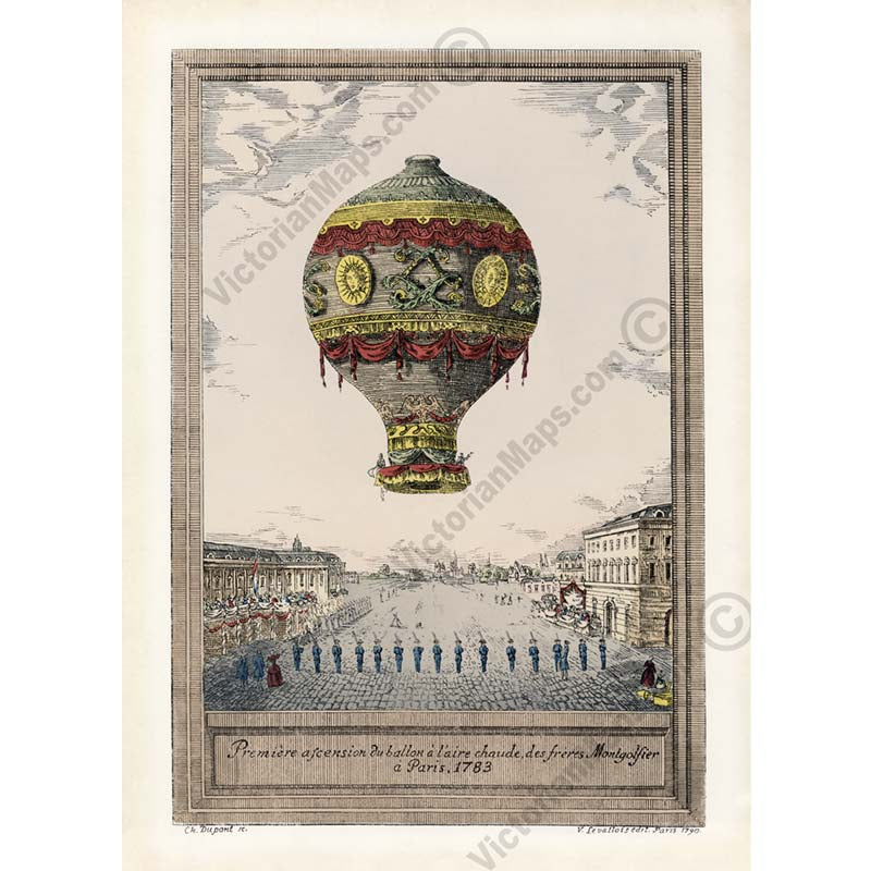 First ascent of Montgolfier brothers hot air balloon in Paris, in 1783 - print by C. Dupont, 1790 art poster canvas gift
