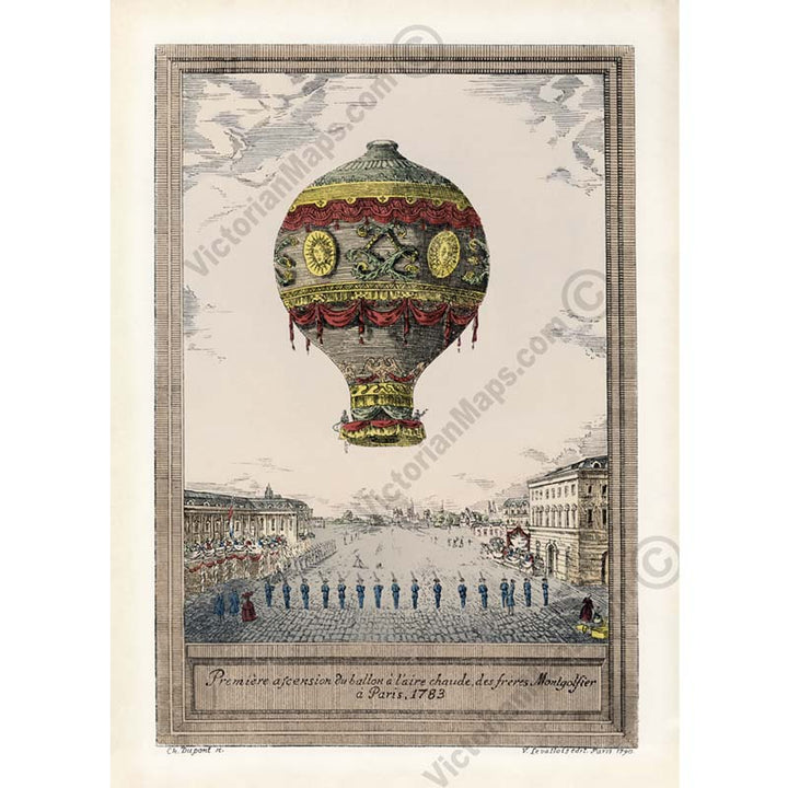 First ascent of Montgolfier brothers hot air balloon in Paris, in 1783 - print by C. Dupont, 1790 art poster canvas gift
