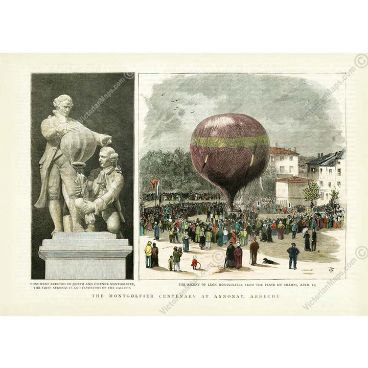 The Montgolfier brothers hot air balloon flight centenary at Annonay, France - a Victorian print, The London News magazine, 1883 art poster canvas gift