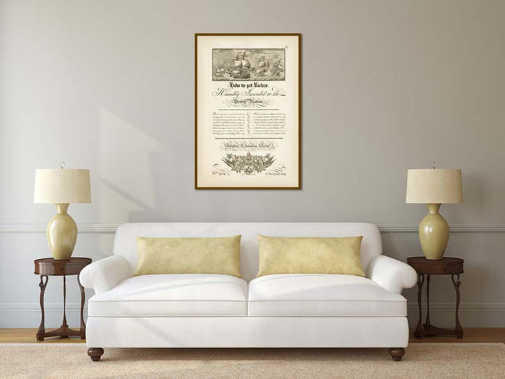 How To Get Riches to British Nation - an inspirational calligraphy engraved print by G. Bickham, 1736 art poster canvas gift