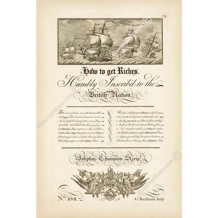 How To Get Riches to British Nation - an inspirational calligraphy engraved print by G. Bickham, 1736 art poster canvas gift