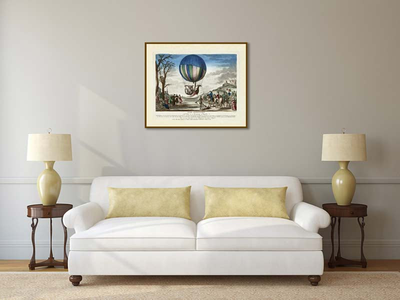 First Hydrogen Balloon flight & landing - an engraved and hand-coloured print by J. Chereau, 1783 art poster canvas gift
