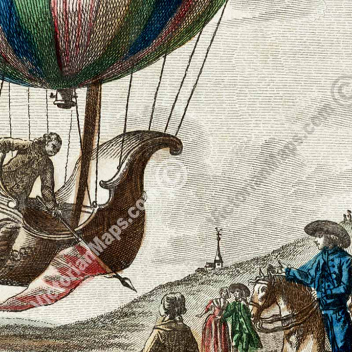 First Hydrogen Balloon flight & landing - an engraved and hand-coloured print by J. Chereau, 1783 art poster canvas gift