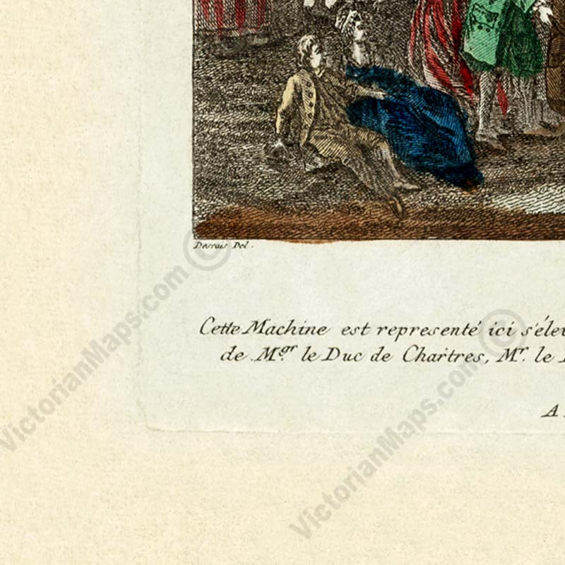 First Hydrogen Balloon flight & landing - an engraved and hand-coloured print by J. Chereau, 1783 art poster canvas gift