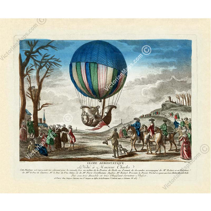 First Hydrogen Balloon flight & landing - an engraved and hand-coloured print by J. Chereau, 1783 art poster canvas gift