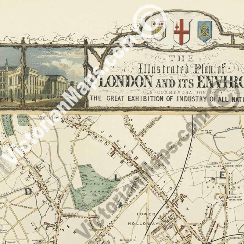 The Illustrated Plan of London and its Environs, in commemoration of The Great Exhibition - a map of Victorian London by J. Tallis and J. Rapkin, 1851 art print poster canvas gift