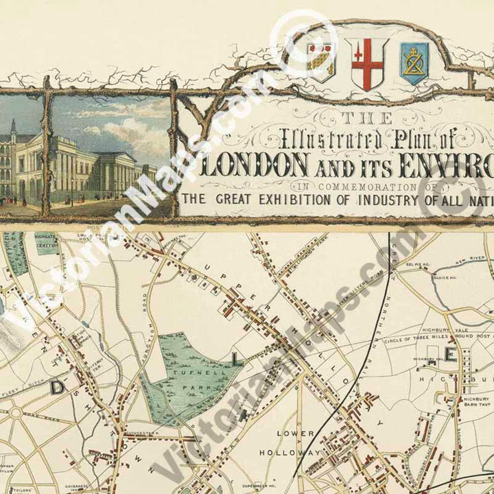The Illustrated Plan of London and its Environs, in commemoration of The Great Exhibition - a map of Victorian London by J. Tallis and J. Rapkin, 1851 art print poster canvas gift