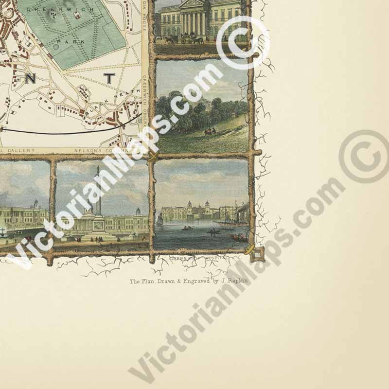The Illustrated Plan of London and its Environs, in commemoration of The Great Exhibition - a map of Victorian London by J. Tallis and J. Rapkin, 1851 art print poster canvas gift