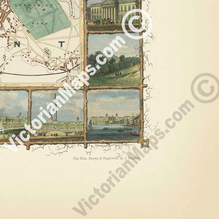 The Illustrated Plan of London and its Environs, in commemoration of The Great Exhibition - a map of Victorian London by J. Tallis and J. Rapkin, 1851 art print poster canvas gift