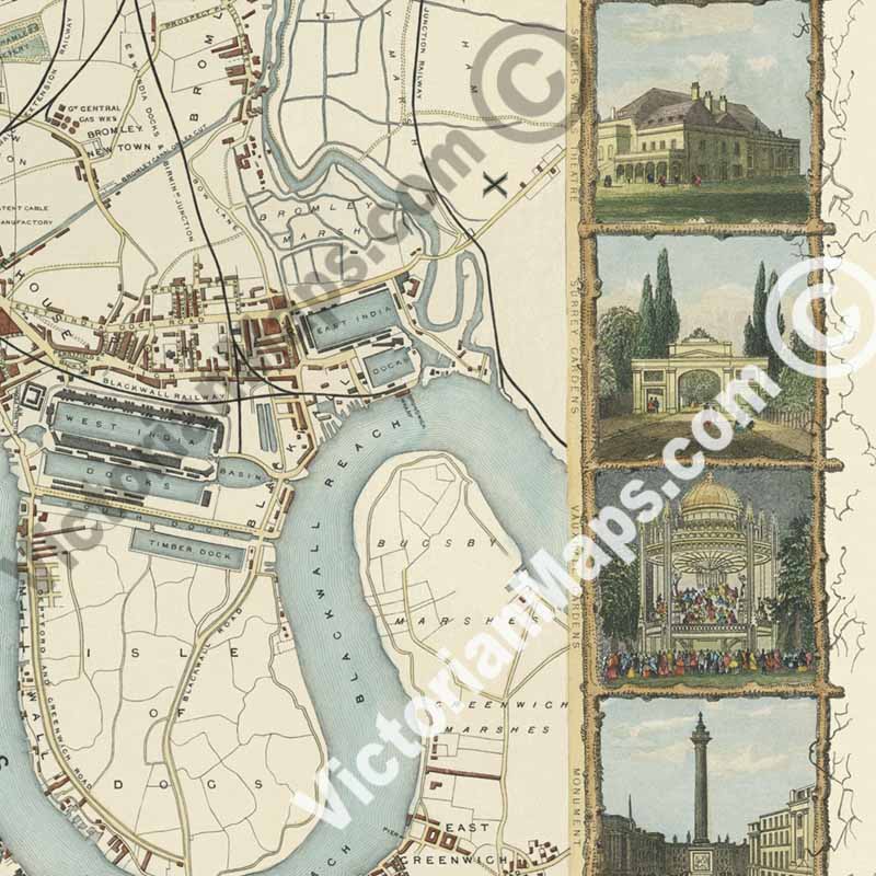 The Illustrated Plan of London and its Environs, in commemoration of The Great Exhibition - a map of Victorian London by J. Tallis and J. Rapkin, 1851 art print poster canvas gift