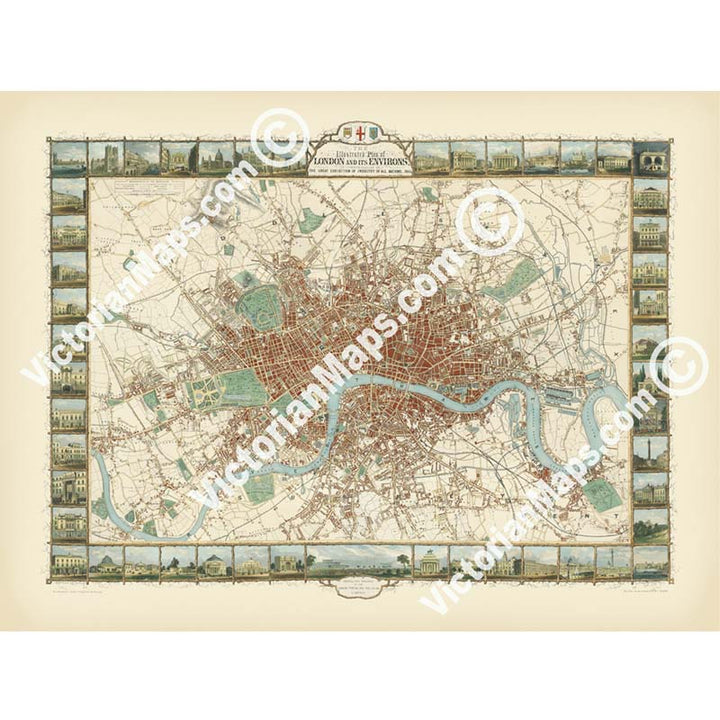 The Illustrated Plan of London and its Environs, in commemoration of The Great Exhibition - a map of Victorian London by J. Tallis and J. Rapkin, 1851 art print poster canvas gift