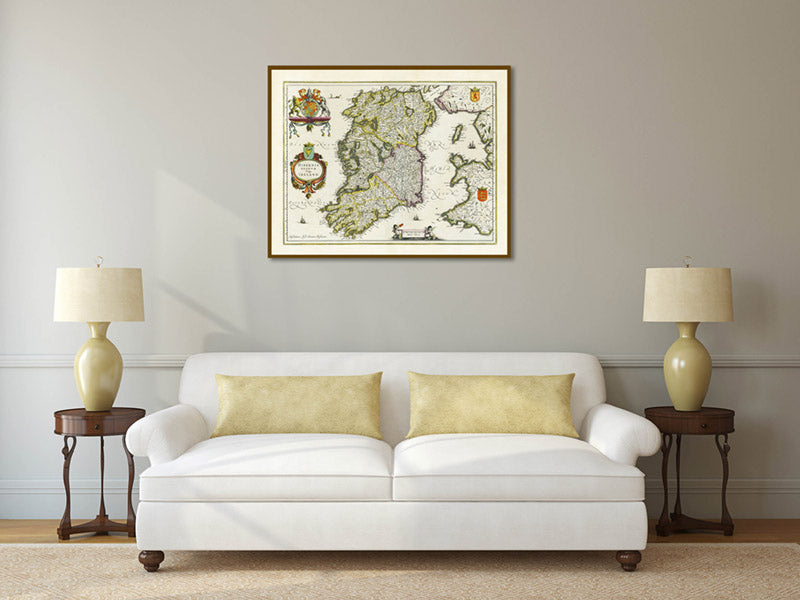 Hibernia Regnum Vulgo Ireland - old map of Ireland by Janssonius & Hondius, Atlas Novus, 1638 art print poster canvas gift