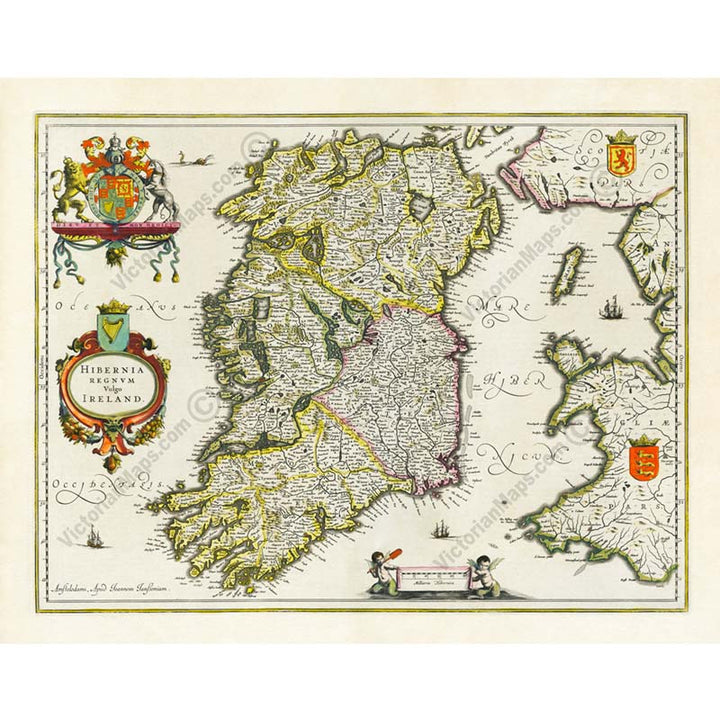 Hibernia Regnum Vulgo Ireland - old map of Ireland by Janssonius & Hondius, Atlas Novus, 1638 art print poster canvas gift