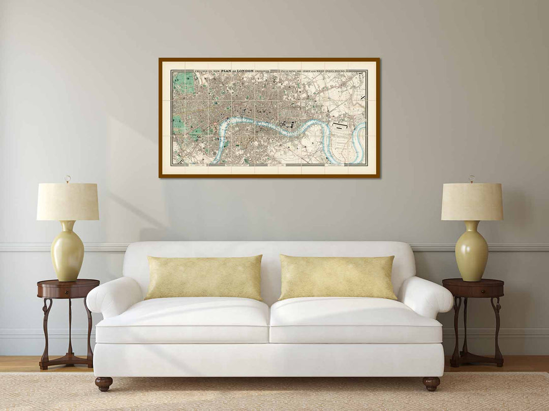 Cruchley's New PLAN of LONDON improved including the East and West India Docks, a map by George F. Cruchley, 1832 art print poster canvas gift