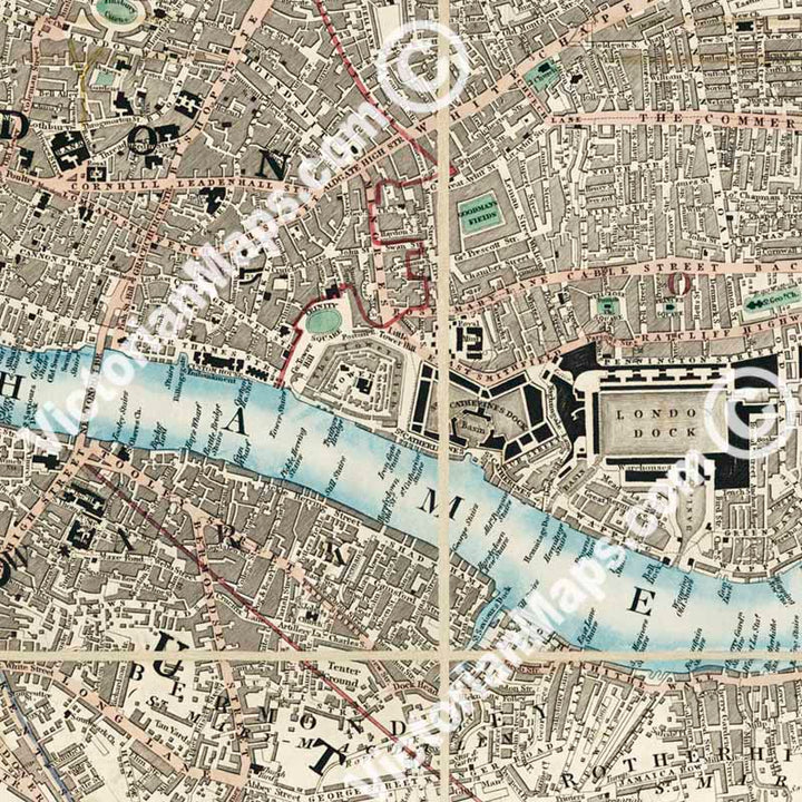 Cruchley's New PLAN of LONDON improved including the East and West India Docks, a map by George F. Cruchley, 1832 art print poster canvas gift