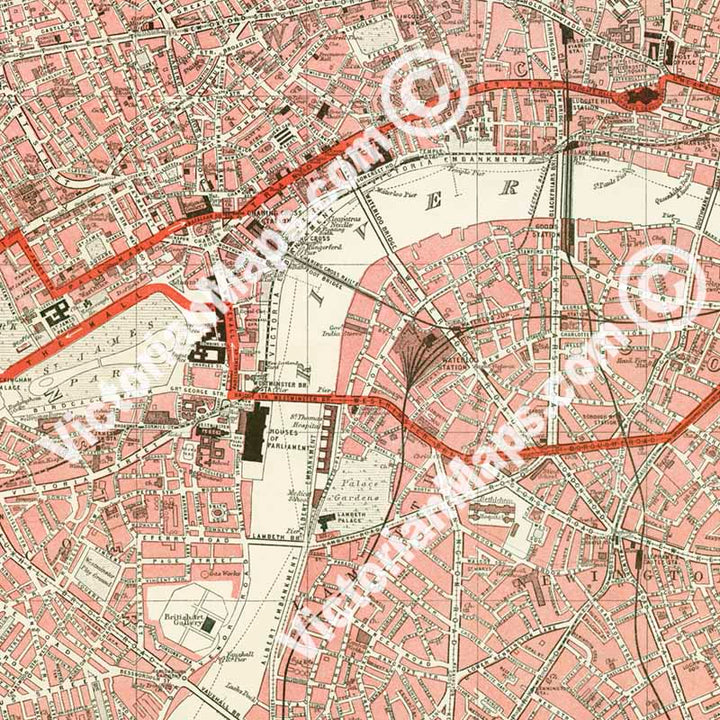 The Diamond Jubilee Plan of London - a map of Victorian London & Queen Victoria procession route, by John Bartholomew, 1897 art print poster canvas gift