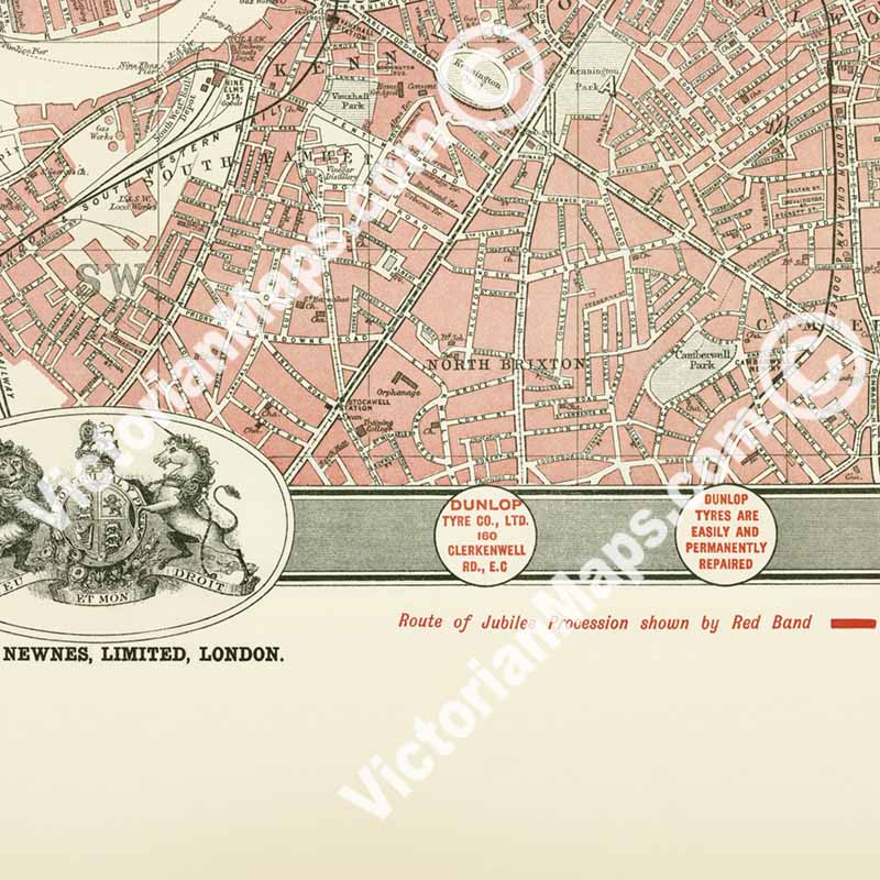 The Diamond Jubilee Plan of London - a map of Victorian London & Queen Victoria procession route, by John Bartholomew, 1897 art print poster canvas gift