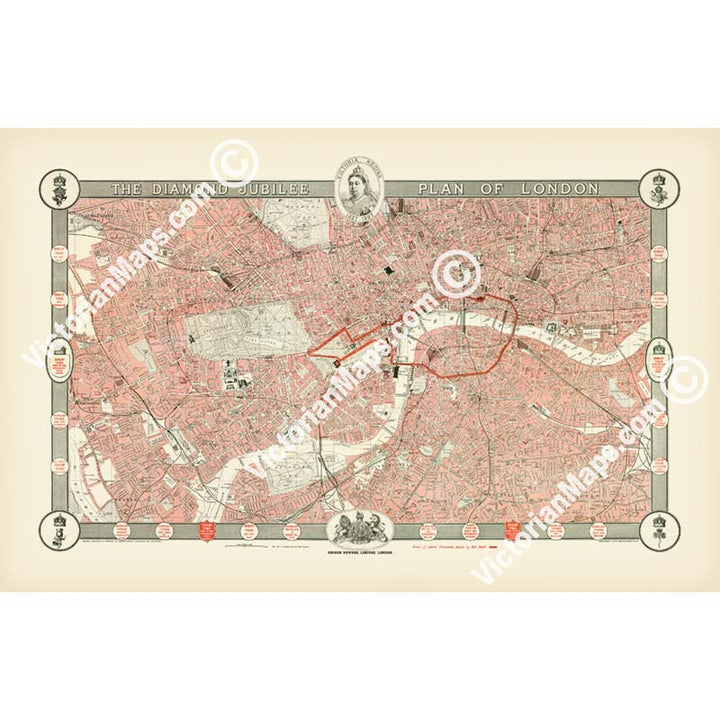 The Diamond Jubilee Plan of London - a map of Victorian London & Queen Victoria procession route, by John Bartholomew, 1897 art print poster canvas gift