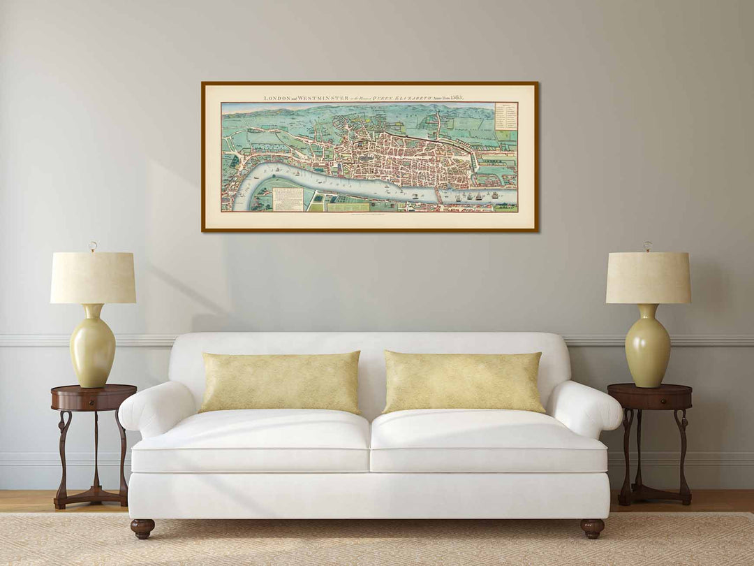 London and Westminster in the Reign of Queen Elizabeth Anno Dom. 1563, a map of Tudor London published by J. Wallis in 1780 art print poster canvas gift