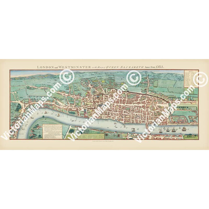 London and Westminster in the Reign of Queen Elizabeth Anno Dom. 1563, a map of Tudor London published by J. Wallis in 1780 art print poster canvas gift