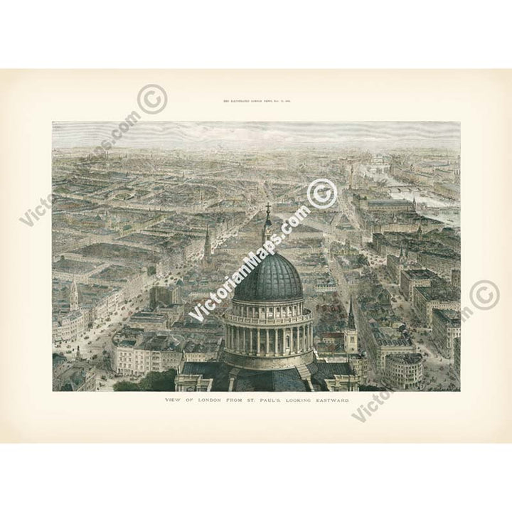 View of London from St Paul's Cathedral looking Eastward - a panoramic bird's eye view by J. Sulman for The Illustrated London News, 1892 art print poster canvas gift