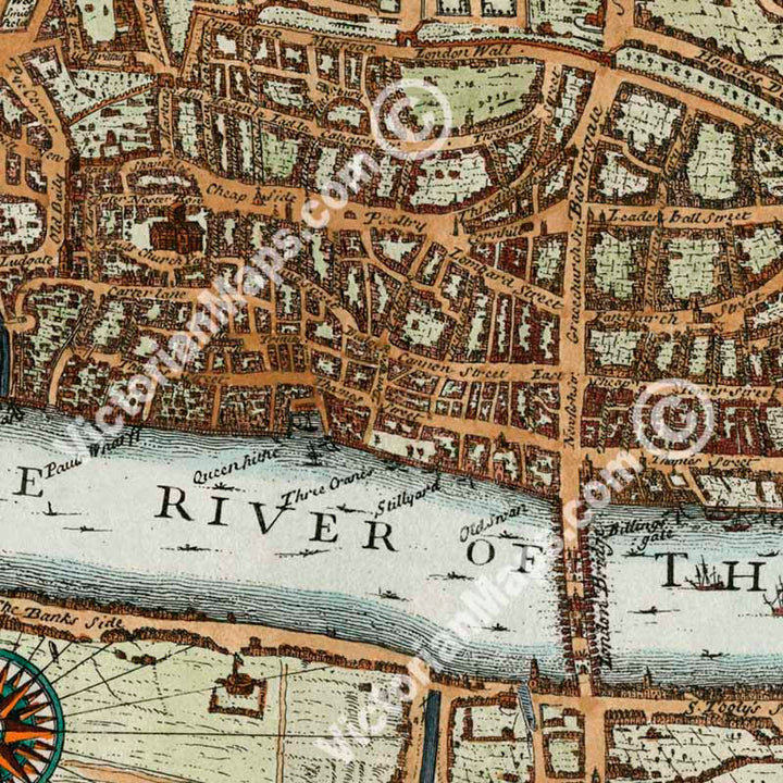 The City of London as in Queen Elizabeth's time - a panoramic plan map by J. Stow and J. Strype, 1720 art print poster canvas gift
