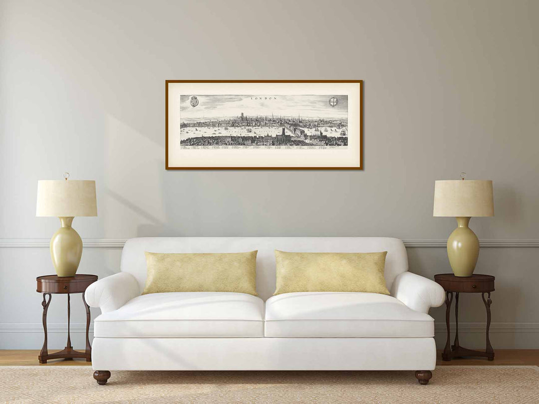 View of London looking over Southwark to the North, famous panoramic map of Elizabethan London prior to Great Fire of 1666 by Matthaus Merian, 1638 art print poster canvas gift