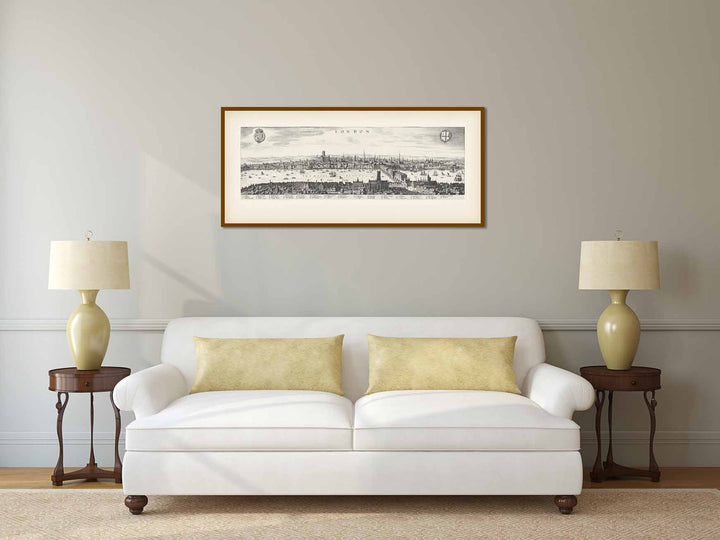 View of London looking over Southwark to the North, famous panoramic map of Elizabethan London prior to Great Fire of 1666 by Matthaus Merian, 1638 art print poster canvas gift