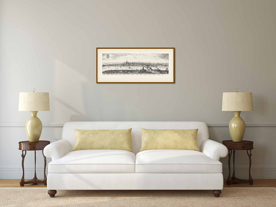 View of London looking over Southwark to the North, famous panoramic map of Elizabethan London prior to Great Fire of 1666 by Matthaus Merian, 1638 art print poster canvas gift