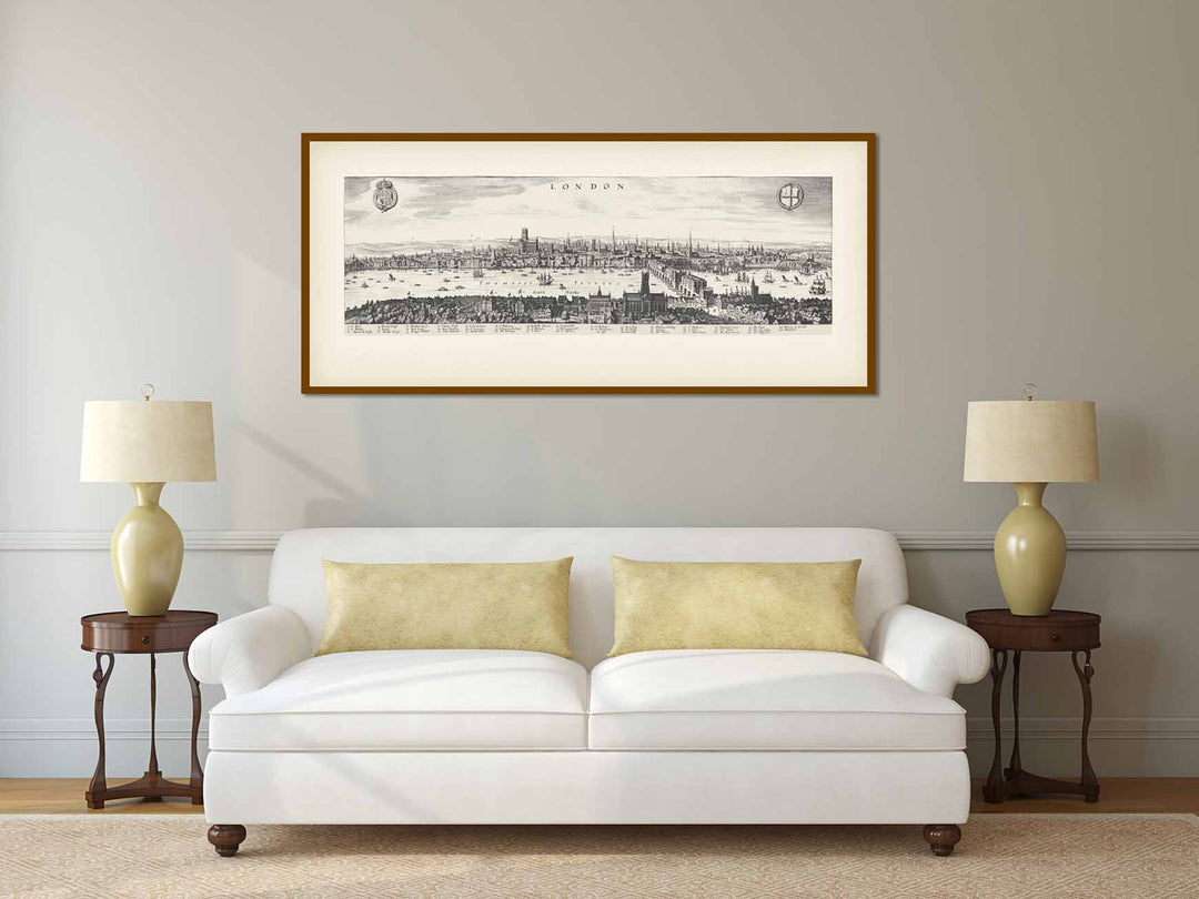 View of London looking over Southwark to the North, famous panoramic map of Elizabethan London prior to Great Fire of 1666 by Matthaus Merian, 1638 art print poster canvas gift