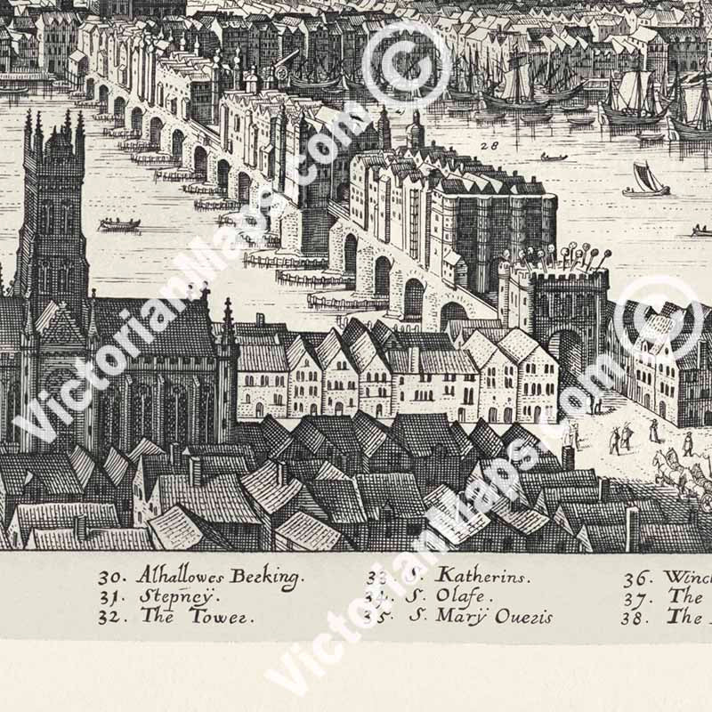 View of London looking over Southwark to the North, famous panoramic map of Elizabethan London prior to Great Fire of 1666 by Matthaus Merian, 1638 art print poster canvas gift
