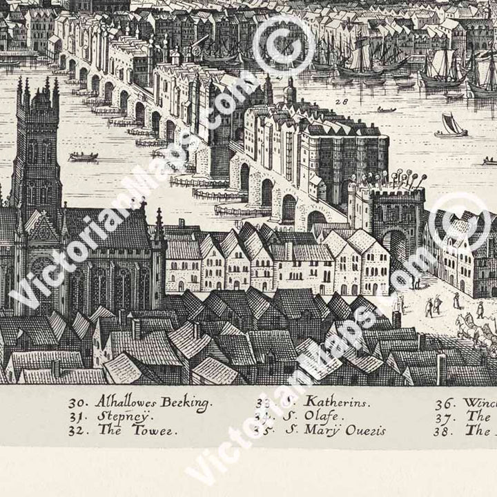 View of London looking over Southwark to the North, famous panoramic map of Elizabethan London prior to Great Fire of 1666 by Matthaus Merian, 1638 art print poster canvas gift