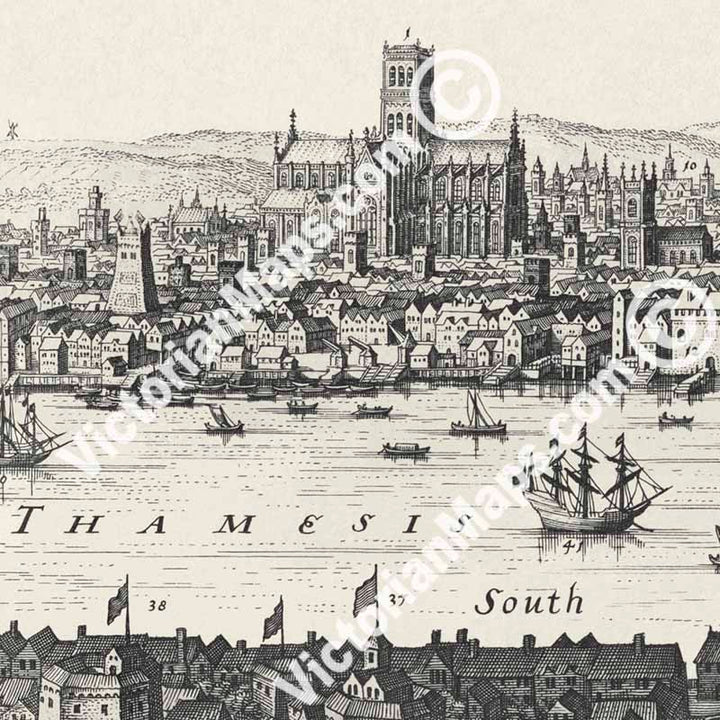 View of London looking over Southwark to the North, famous panoramic map of Elizabethan London prior to Great Fire of 1666 by Matthaus Merian, 1638 art print poster canvas gift